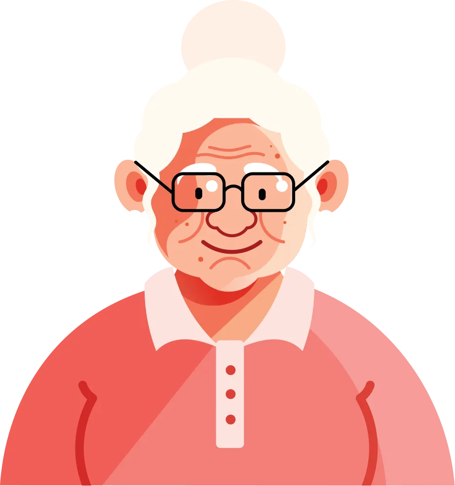 Zeichnung einer älteren Dame mit Brille und weißem Haarknoten
